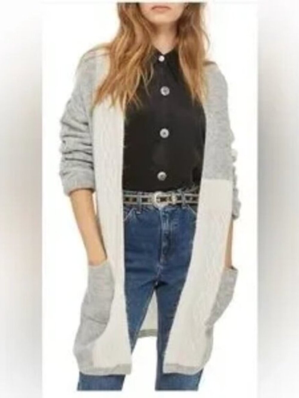 Topshop Patchwork Cable Knit Open Front Long Cardigan Sweater Duster